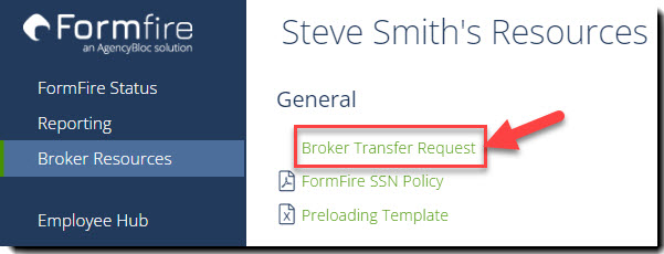 Screenshot showing the Transfer Request link