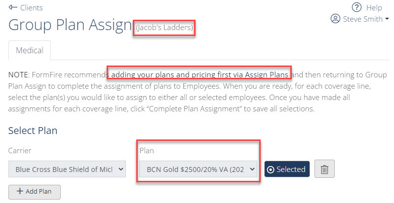 Screenshot showing the Group Plan Assign page