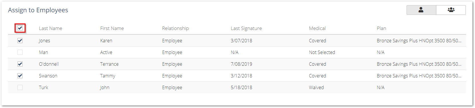 Screenshot showing how to assign a Plan to all Employees