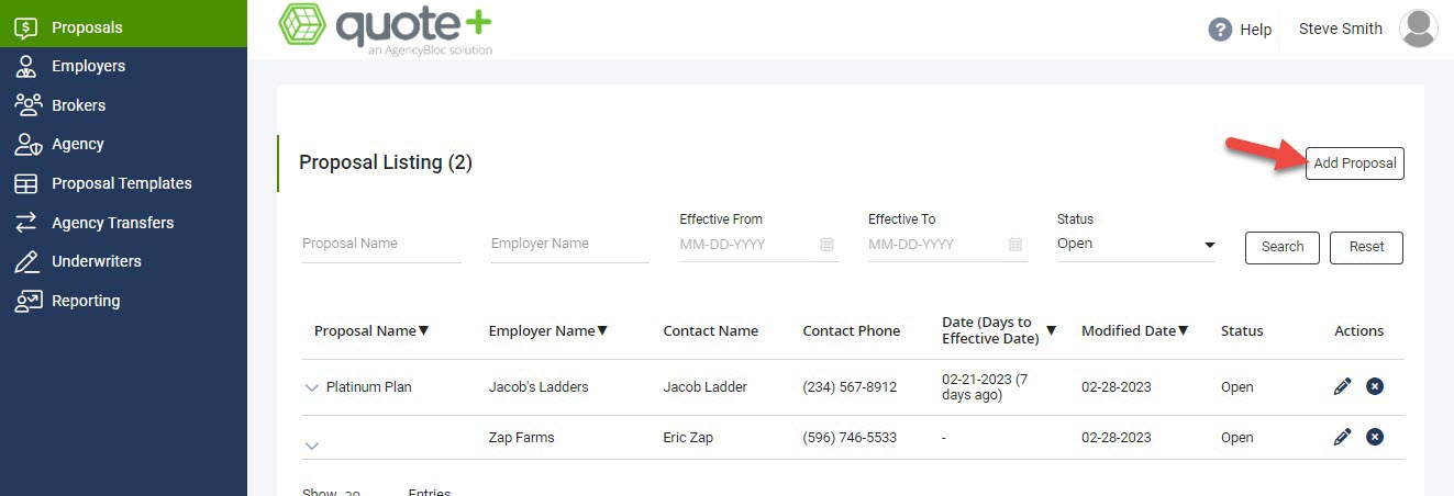 Screenshot showing where to add a new Proposal from the Proposal Listing