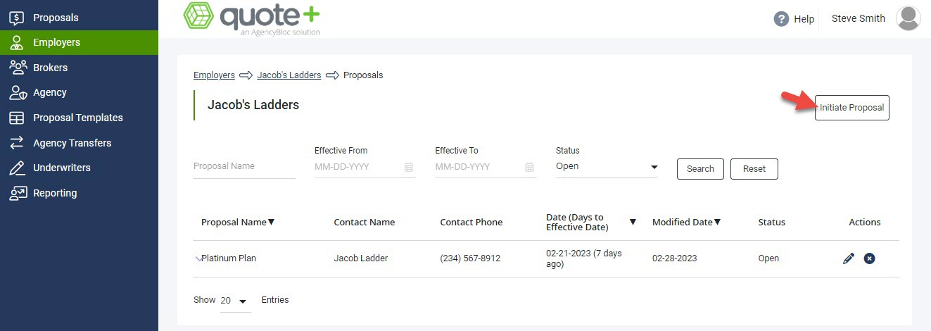 Screenshot showing where to initiate a new Proposal from an Employer