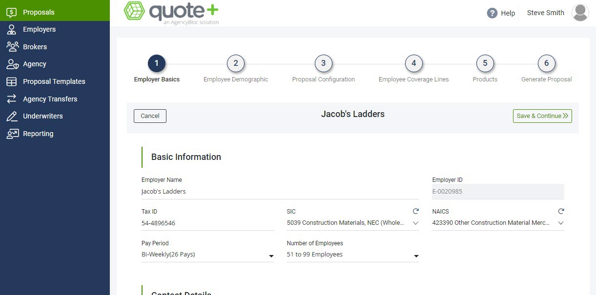 Screenshot showing the Employer Basics step of the Proposal process