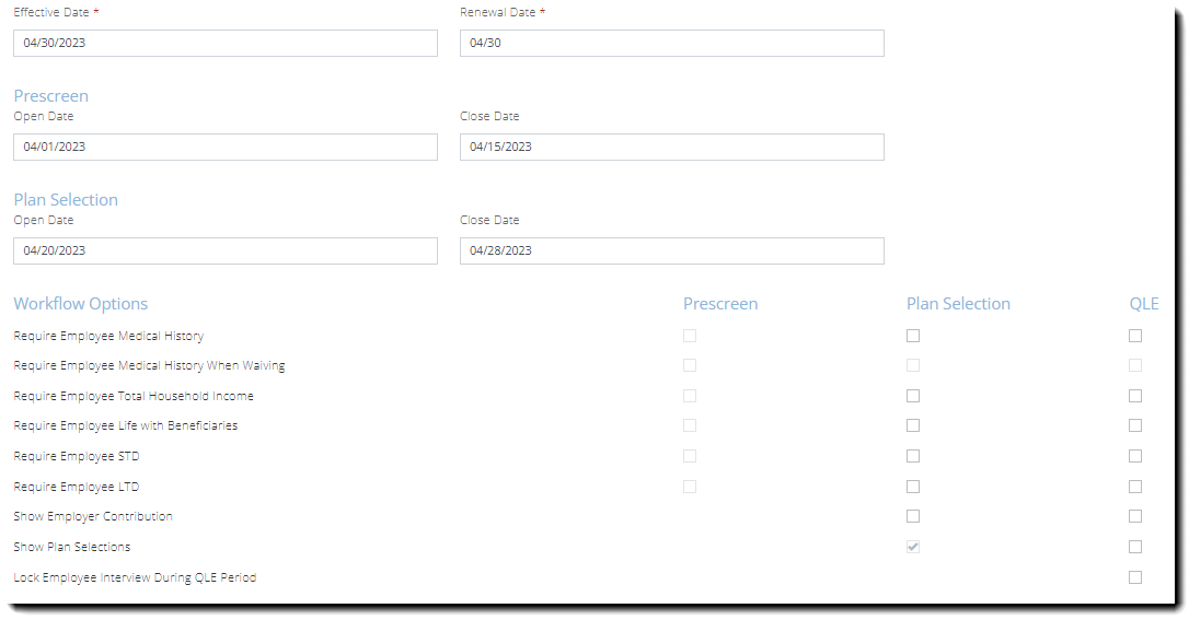 Screenshot showing the Workflow Dates and Workflow Options