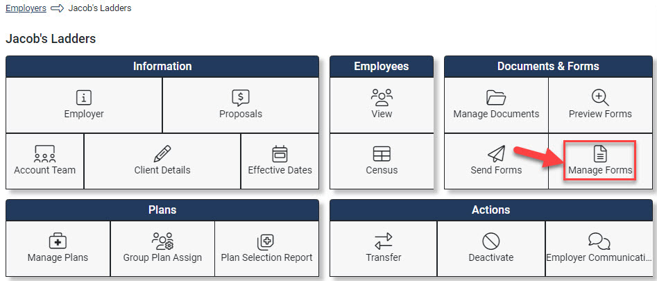 Screenshot showing the Manage Forms option in the Employer Hub