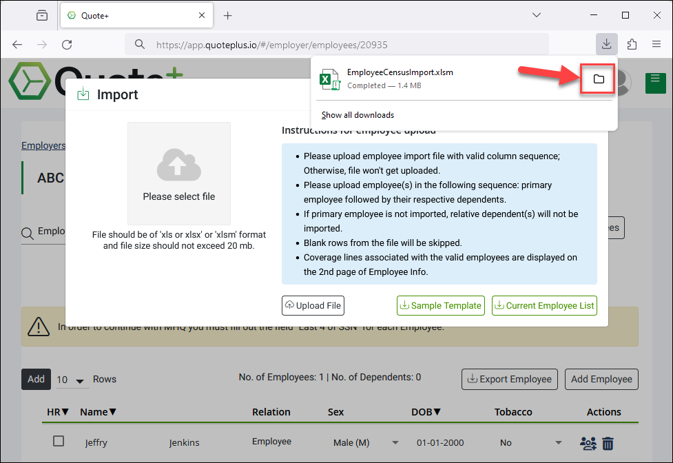 Screenshot showing how to locate template file on computer using a navigation shortcut in the web browser