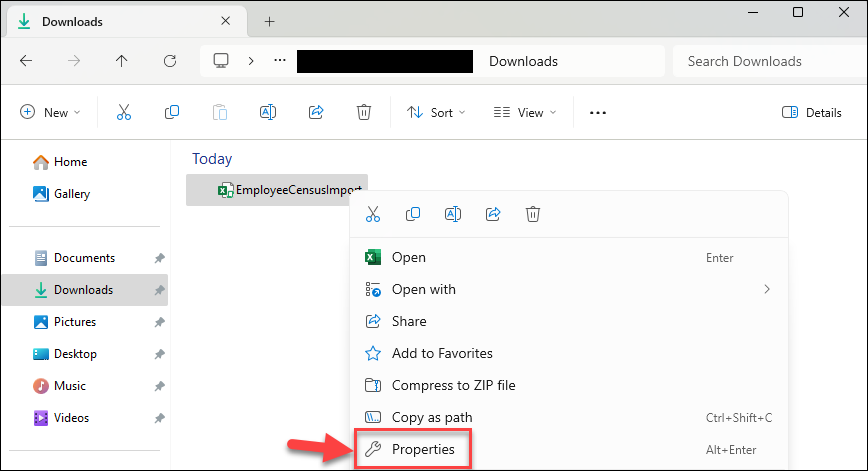Screenshot showing how to access an Excel file's properties