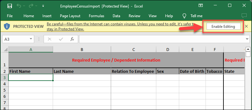 Screenshot showing how to enable editing in an Excel file