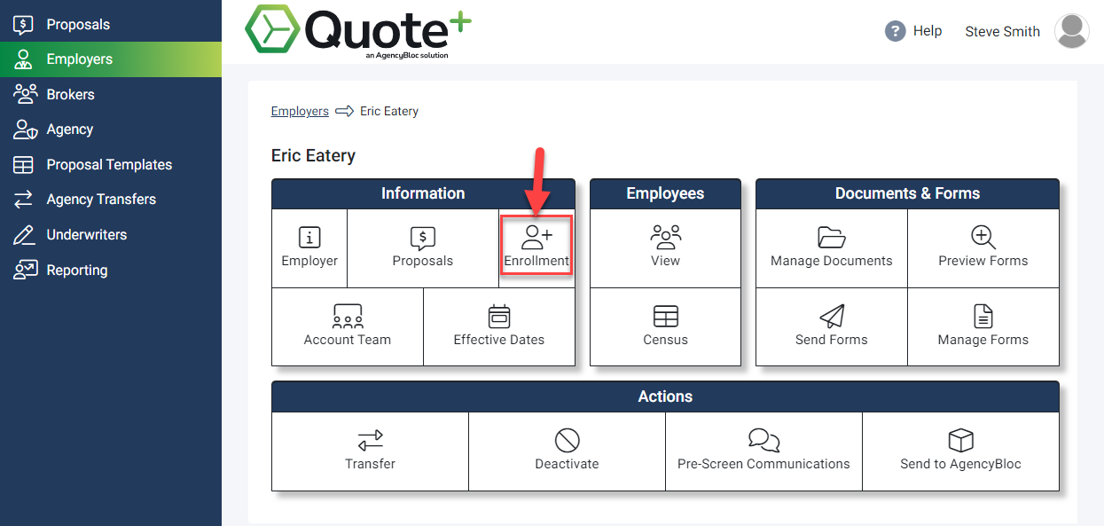 Screenshot showing how to access the Enrollment Hub from the Employer Hub