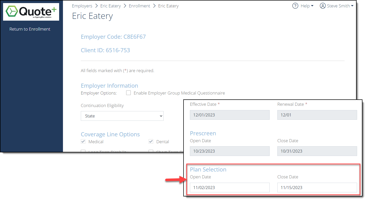 Image showing the Employer's Workflow details and Plan Selection Open and Close Dates