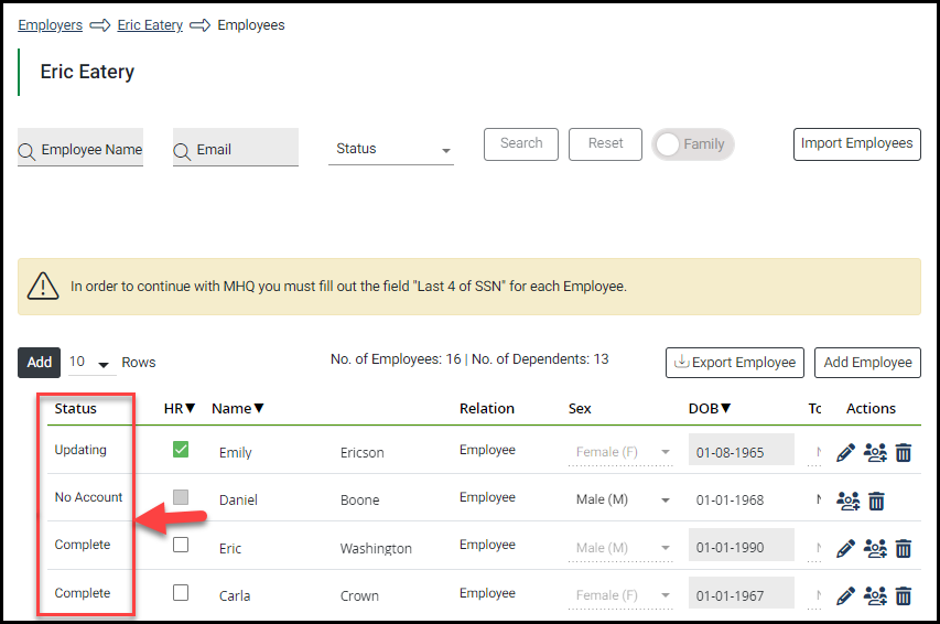 Screenshot showing the Employee List with an emphasis on the Status column