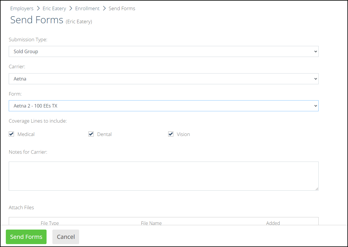 Screenshot showing the Send Forms page