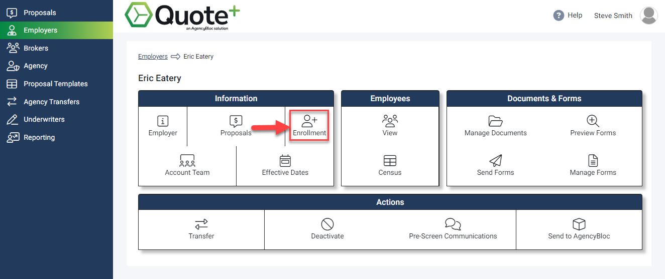 Screenshot showing the Enrollment tile in the Employer Hub