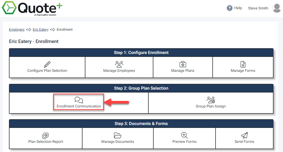 Screenshot showing how to navigate to Enrollment Communications in the Enrollment Hub