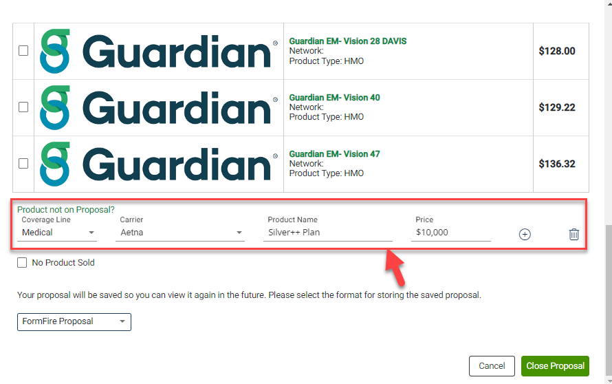Screenshot showing where to add missing products in the Sold Product Selection modal