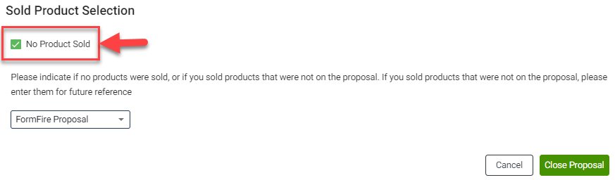 Screenshot showing the No Products Sold checkbox in the Sold Product Selection modal