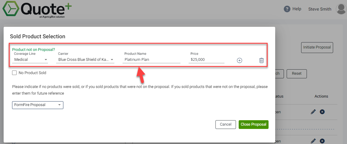 Screenshot showing the Sold Product Selection modal when closing an incomplete Proposal