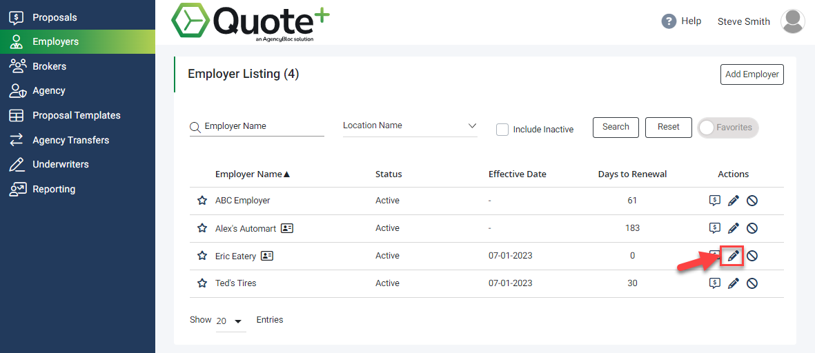 Screenshot showing the Employer Listing with the Edit button for the Eric Eatery Employer highlighted