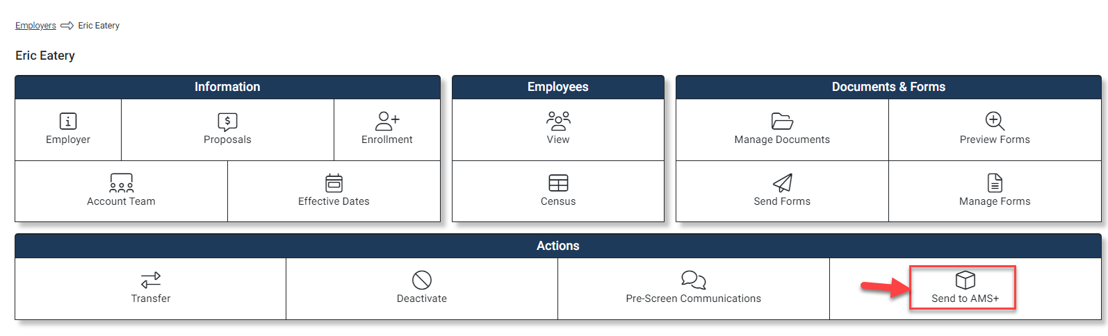 Screenshot highlighting the Send to AMS+ button in the Employer Hub