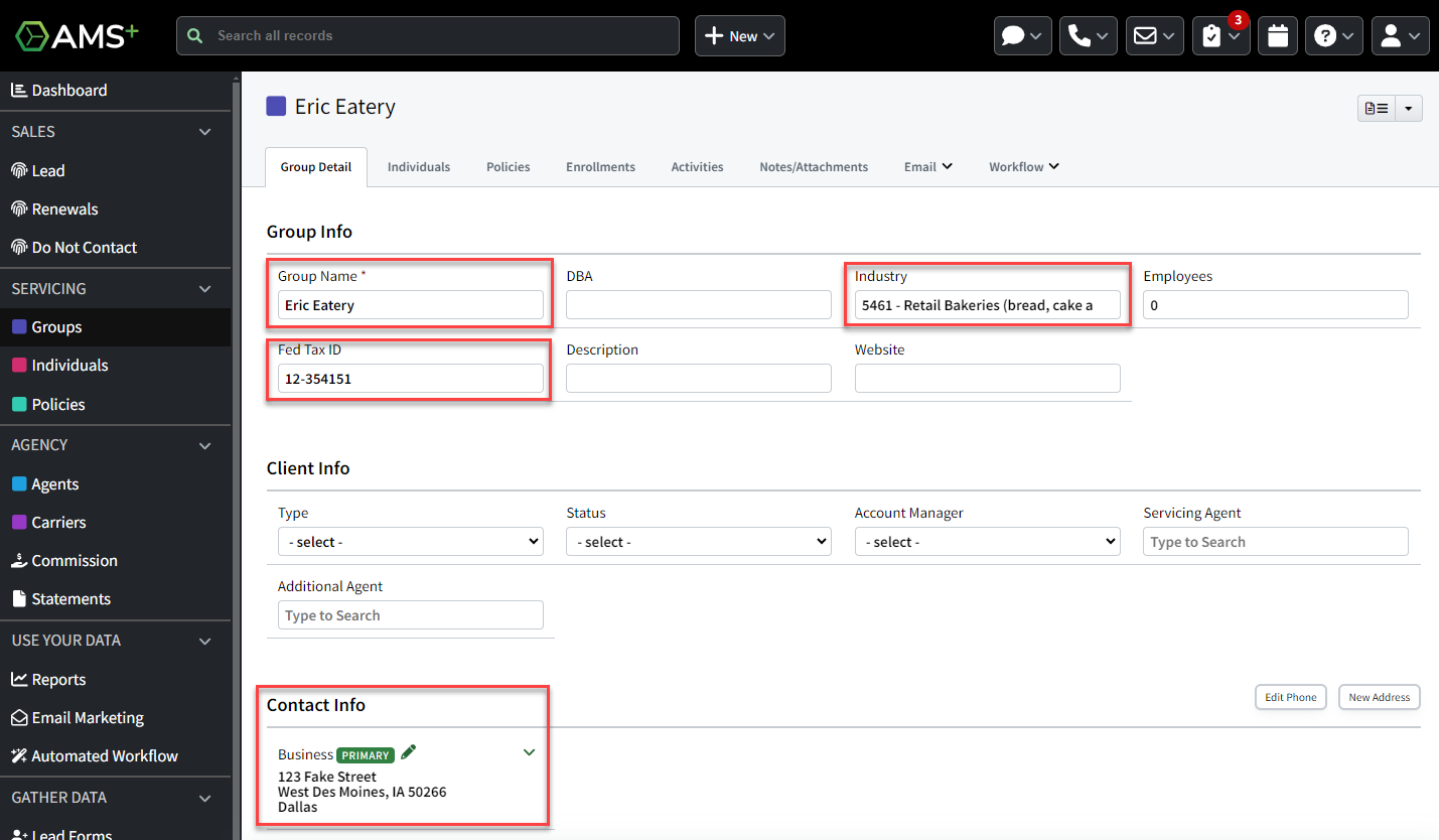 Screenshot showing the transferred Quote+ Employer in AMS+ as a Group Record