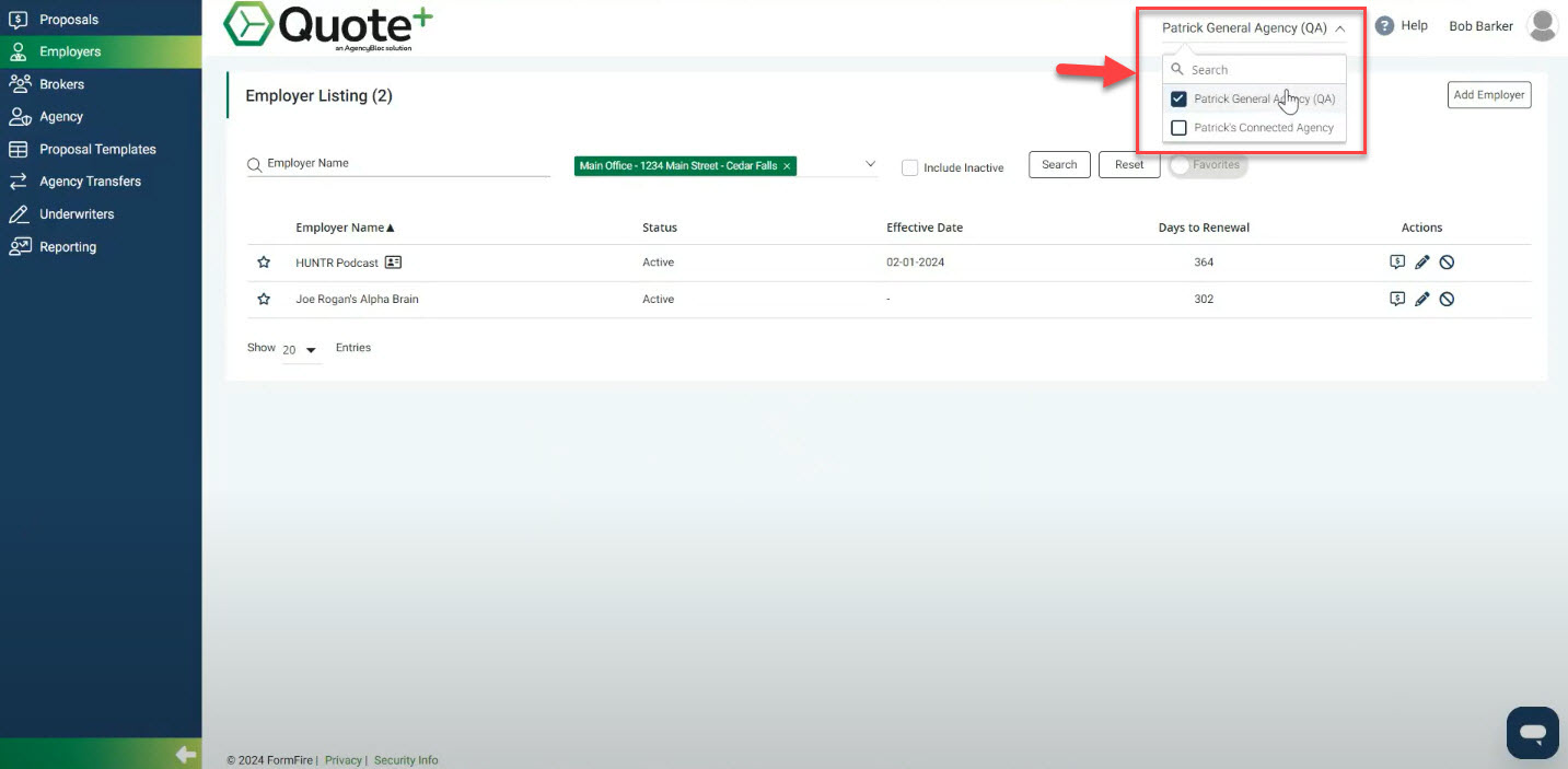 Screenshot showing how to toggle between sub-Agencies in a GA Broker user account