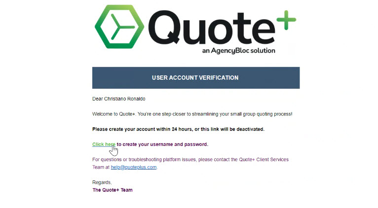Screenshot showing the account creation email that downlines receive upon signing up for Quote+ via the GA's Sales Code URL