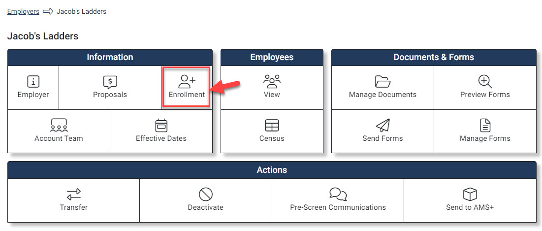 Screenshot directing to access the Enrollment Hub option from the Employer Hub