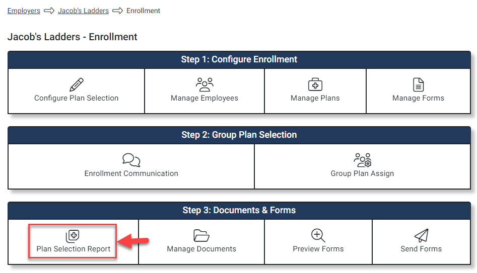 Screenshot showing the Plan Selection Report option in the Enrollment Hub