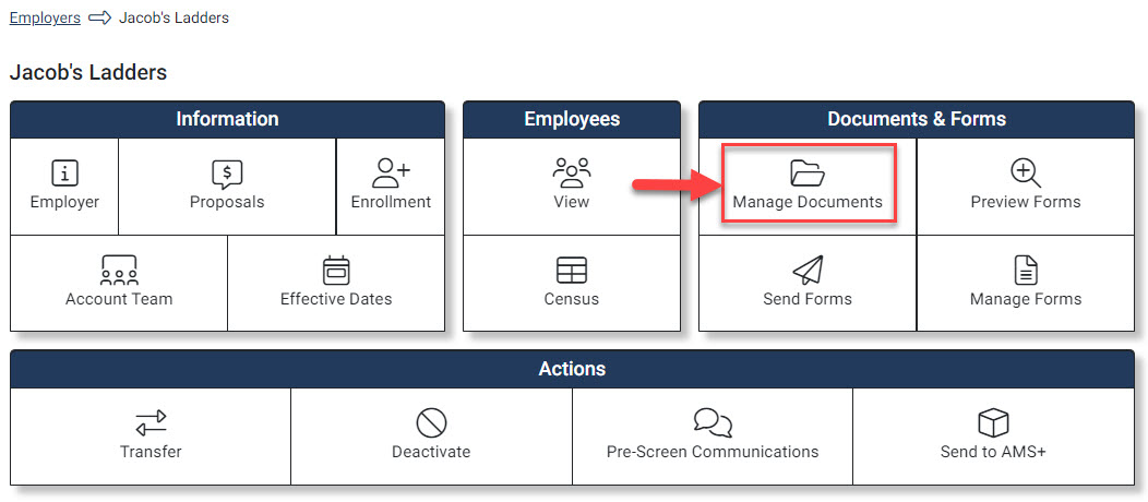 Screenshot showing how to access the Document Center from the Employer Hub