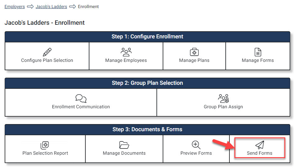 Screenshot highlighting the Send Forms option in the Enrollment Hub