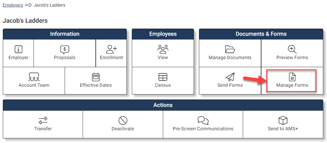 Screenshot highlighting the Manage Forms option in the Enrollment Hub