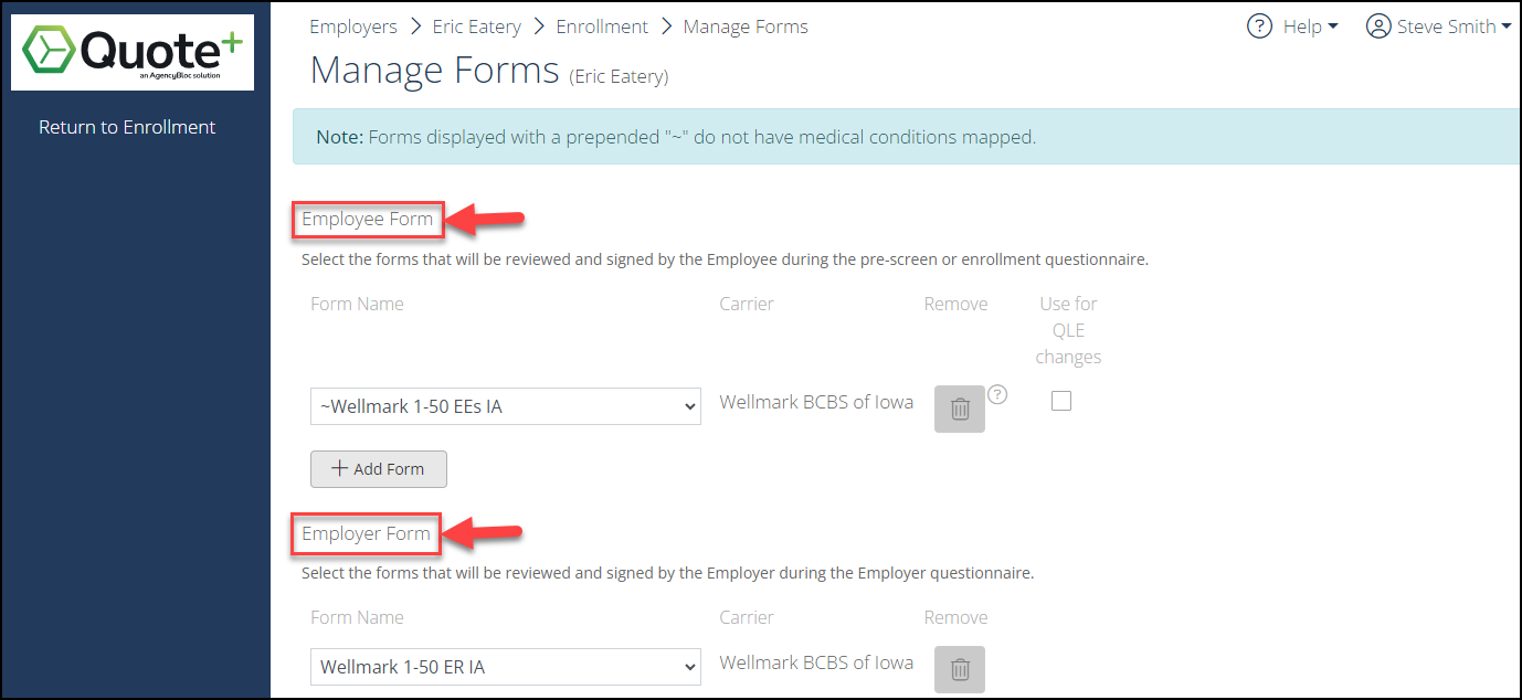 Screenshot showing the Manage Forms page
