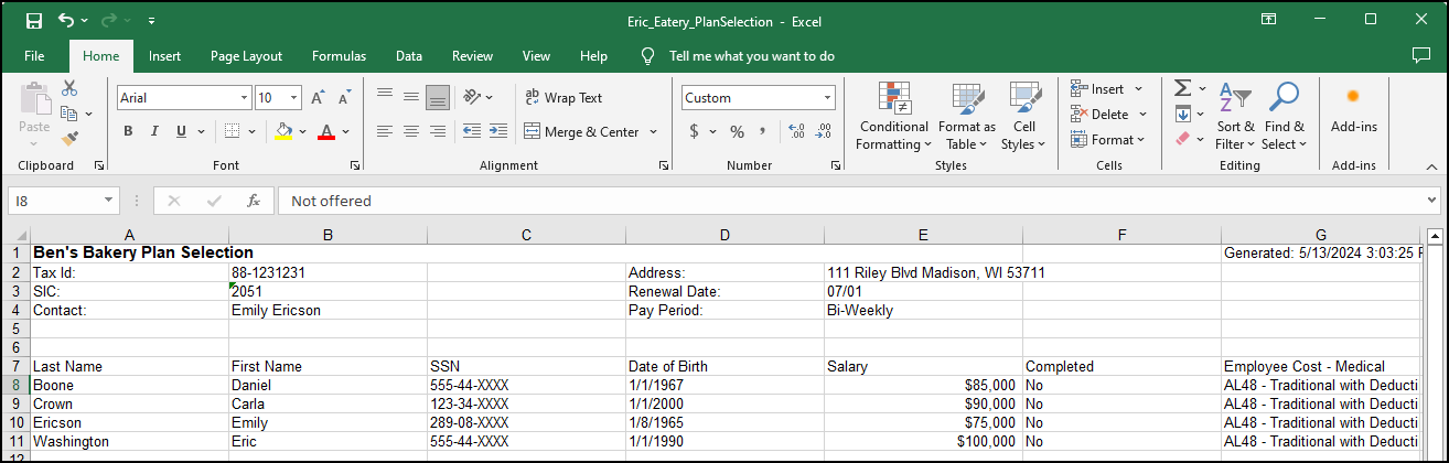 Screenshot showing an example of a Plan Selection Report in Excel spreadsheets