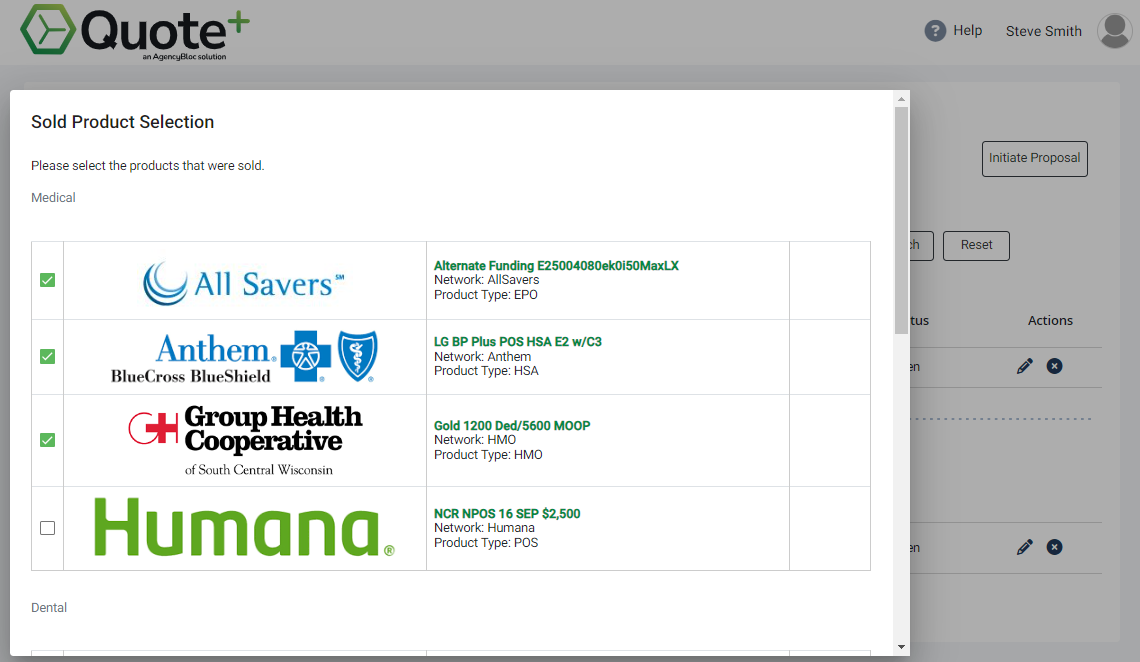 Screenshot showing selected products in the Sold Product Selection modal