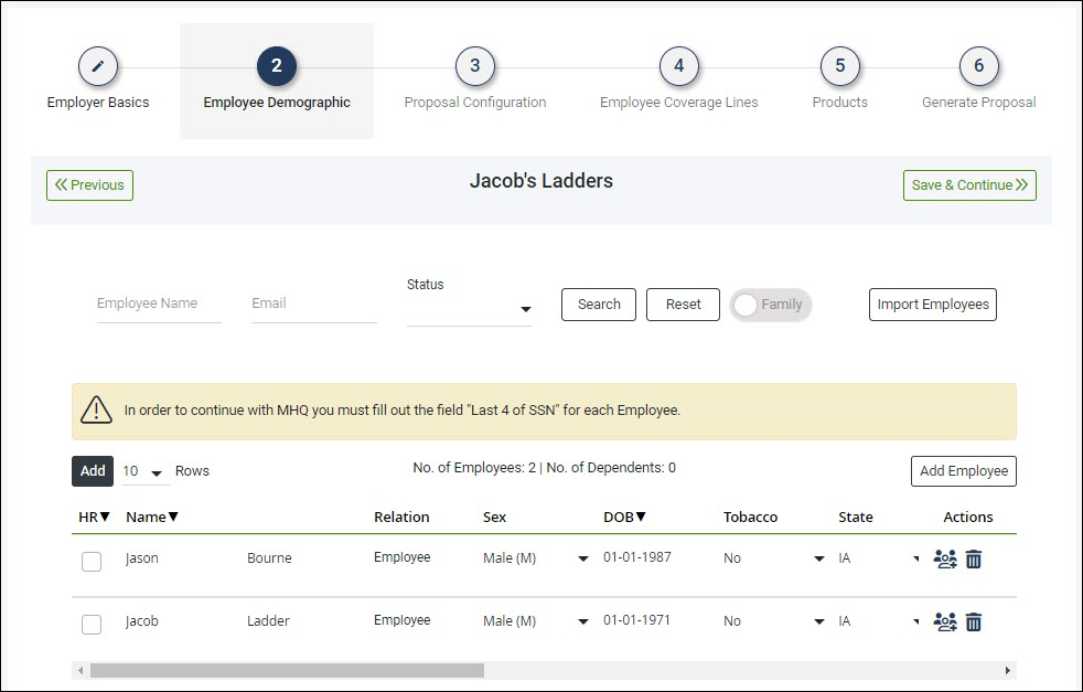 Screenshot showing how to add Employees in the Proposal process