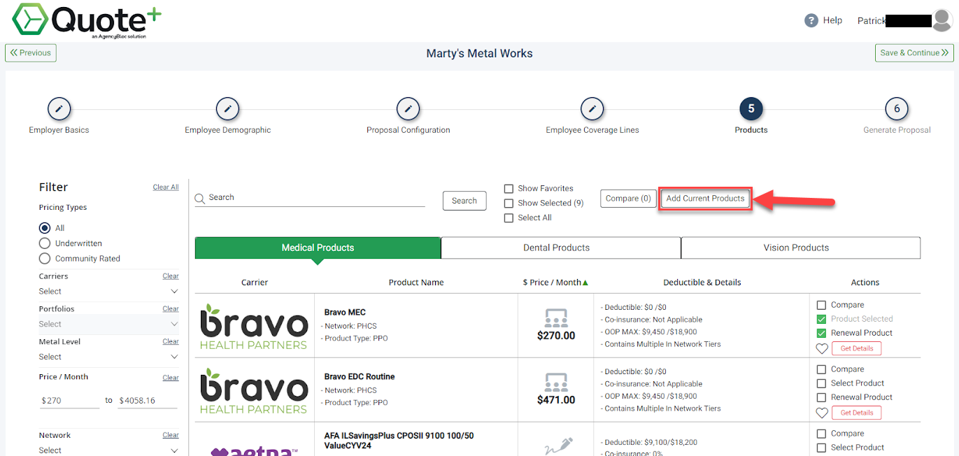 Screenshot showing how to add current products from Step 5 of the Proposal process