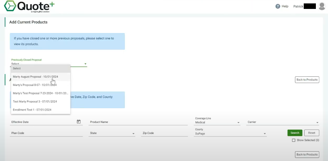 Screenshot showing the Add Current Products page