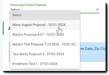 Screenshot showing the five most recently closed Proposals in the Recently Closed Proposal dropdown menu