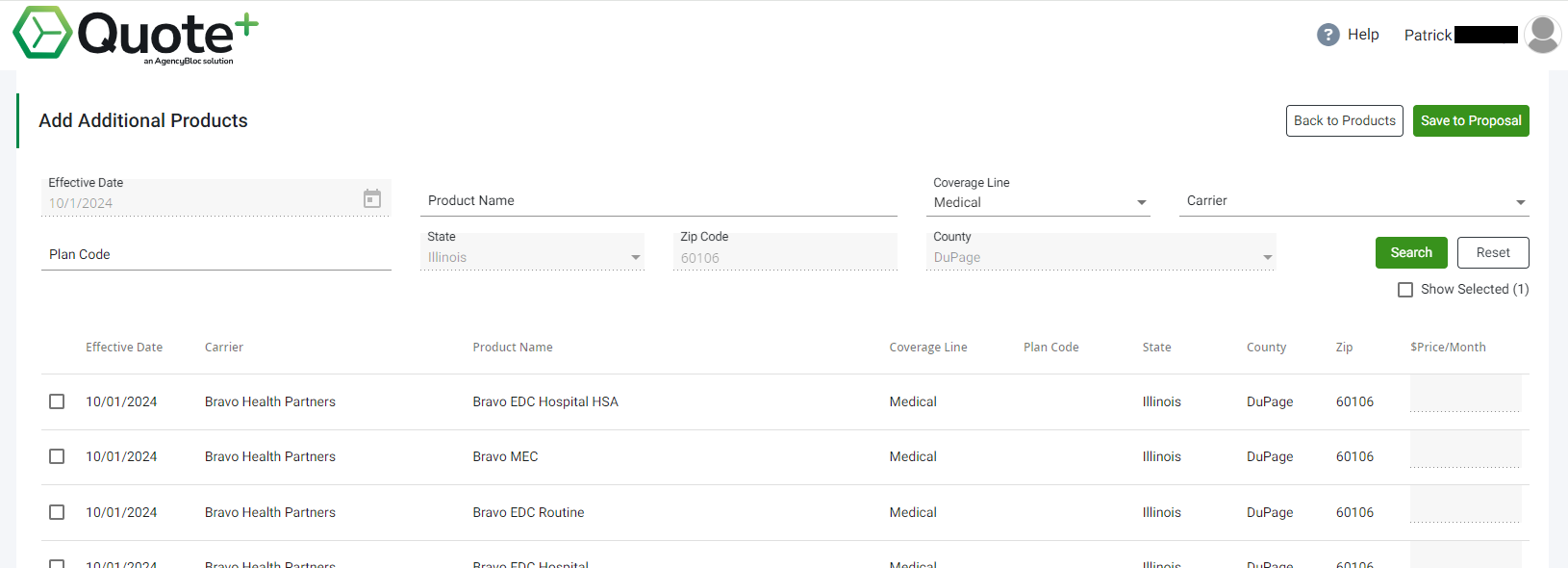 Screenshot showing how to add products from the Quote+ product catalog