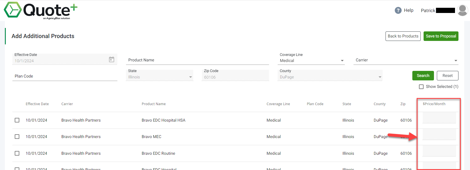 Screenshot showing how to add costs to products added from the Quote+ product catalog