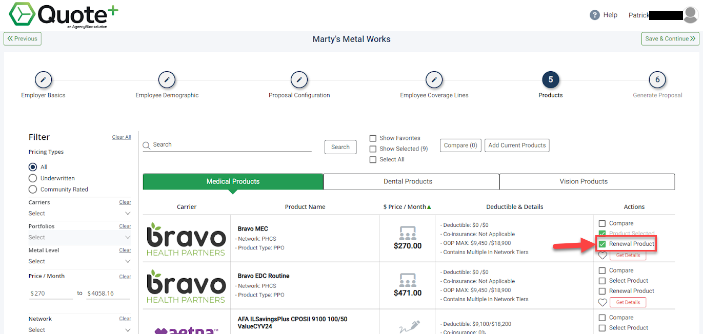 Screenshot showing how to select a renewal product in Step 6 of the Proposal process