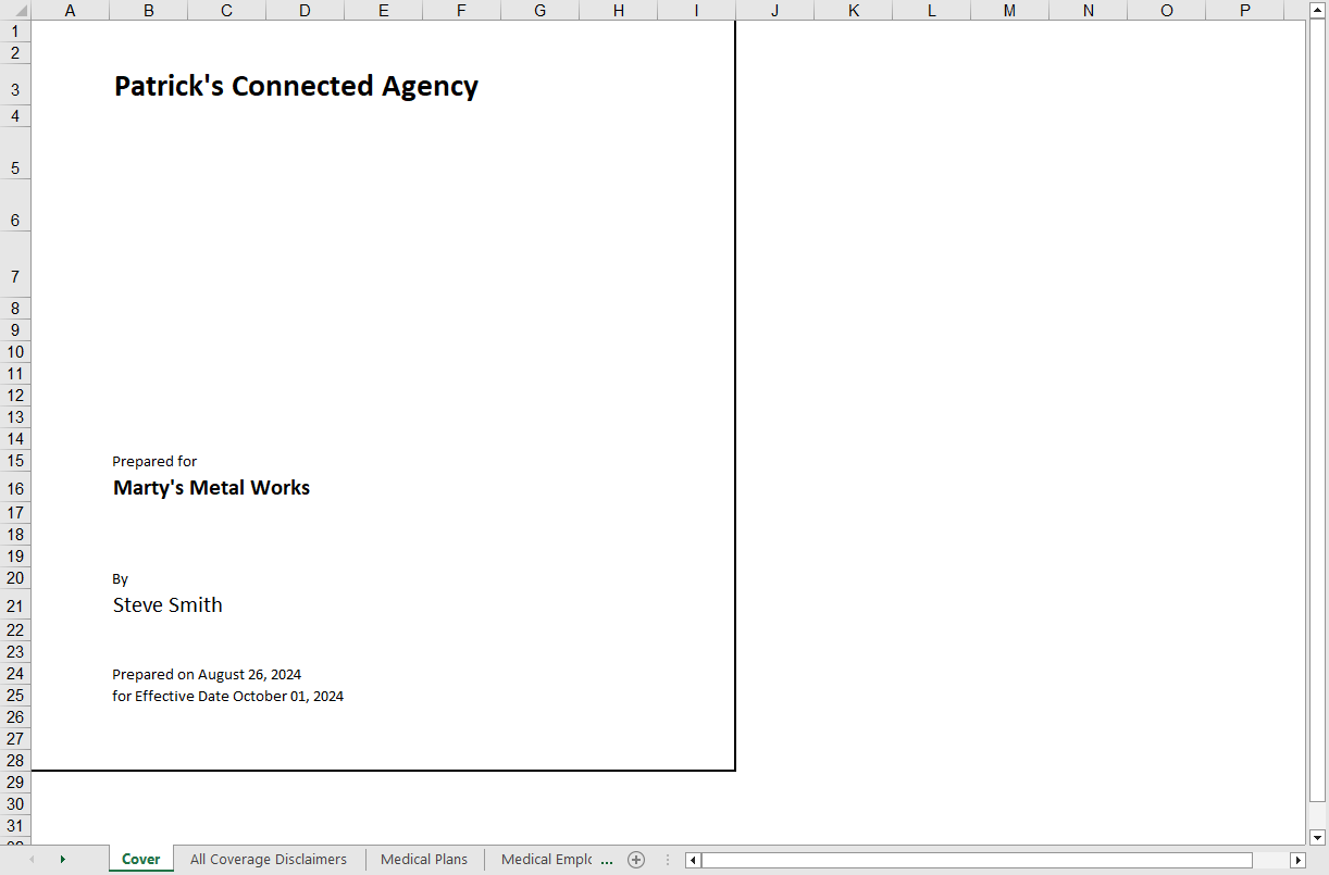 Screenshot showing the cover page in the Proposal document