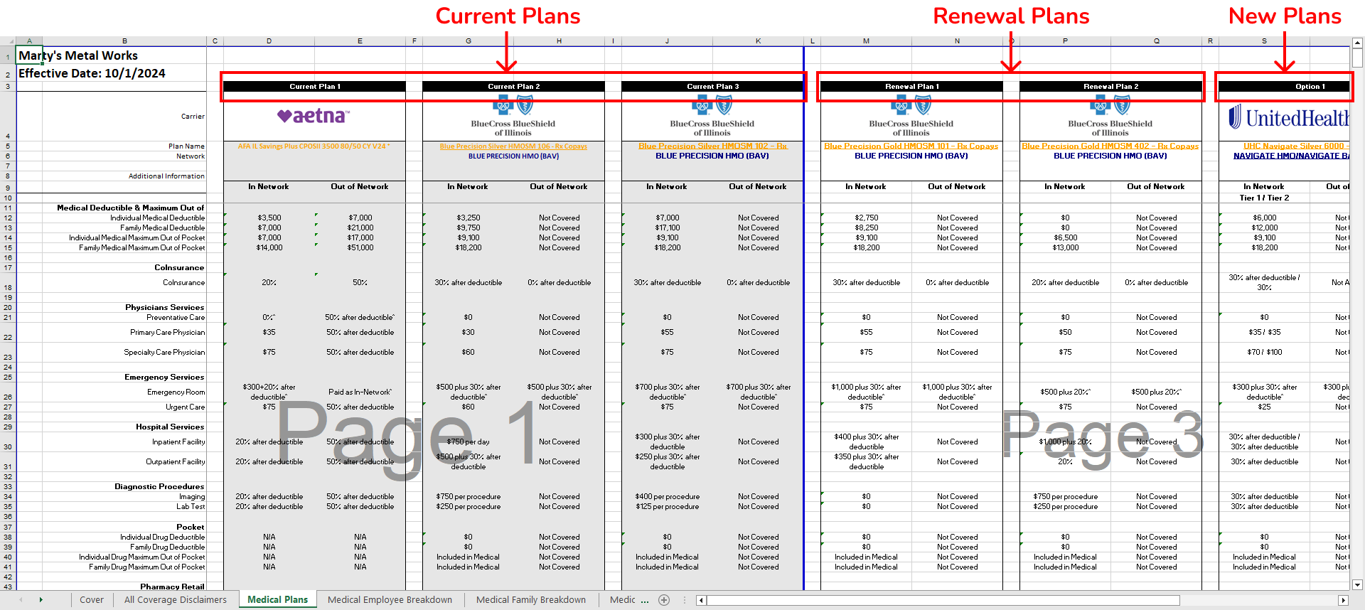 Screenshot showing a comparison of current plans, renewal plans, and new plans in the Proposal document