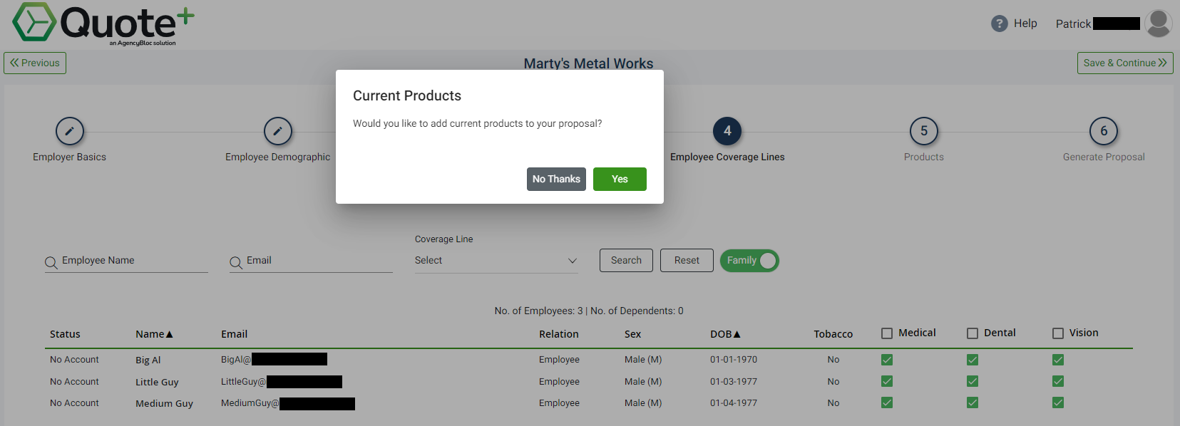 Screenshot showing a prompt on Step 4 of the Proposal process to add current products to the Proposal