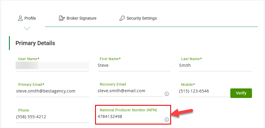 Screenshot showing the NPN field on the Broker Profile tab