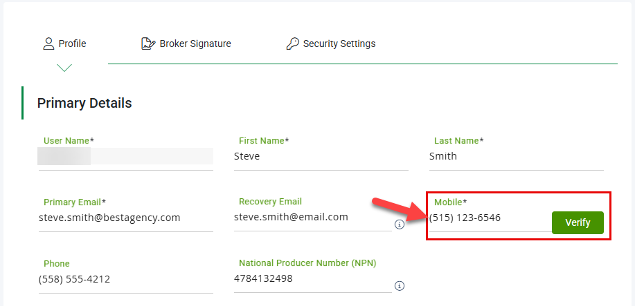 Screenshot highlighting the Mobile field on the Profile tab of account settings