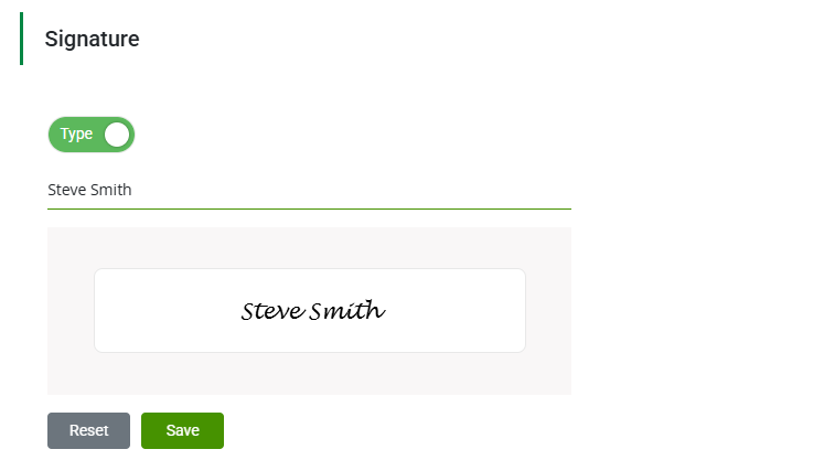 Screenshot showing a typed signature in account settings