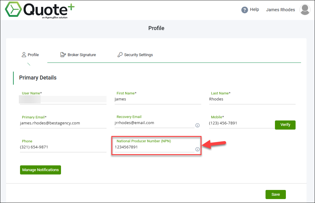 Screenshot showing the NPN field in Broker account profile settings