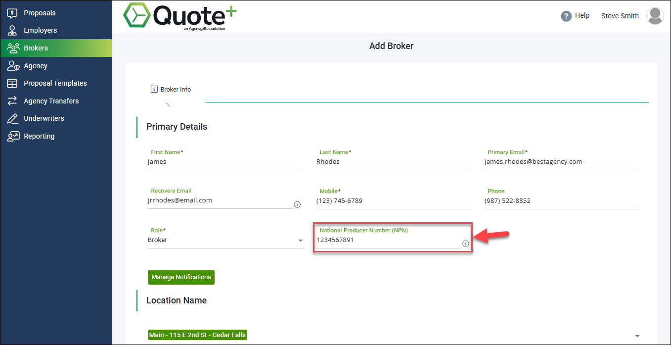 Screenshot showing the National Producer Number field on a Broker account