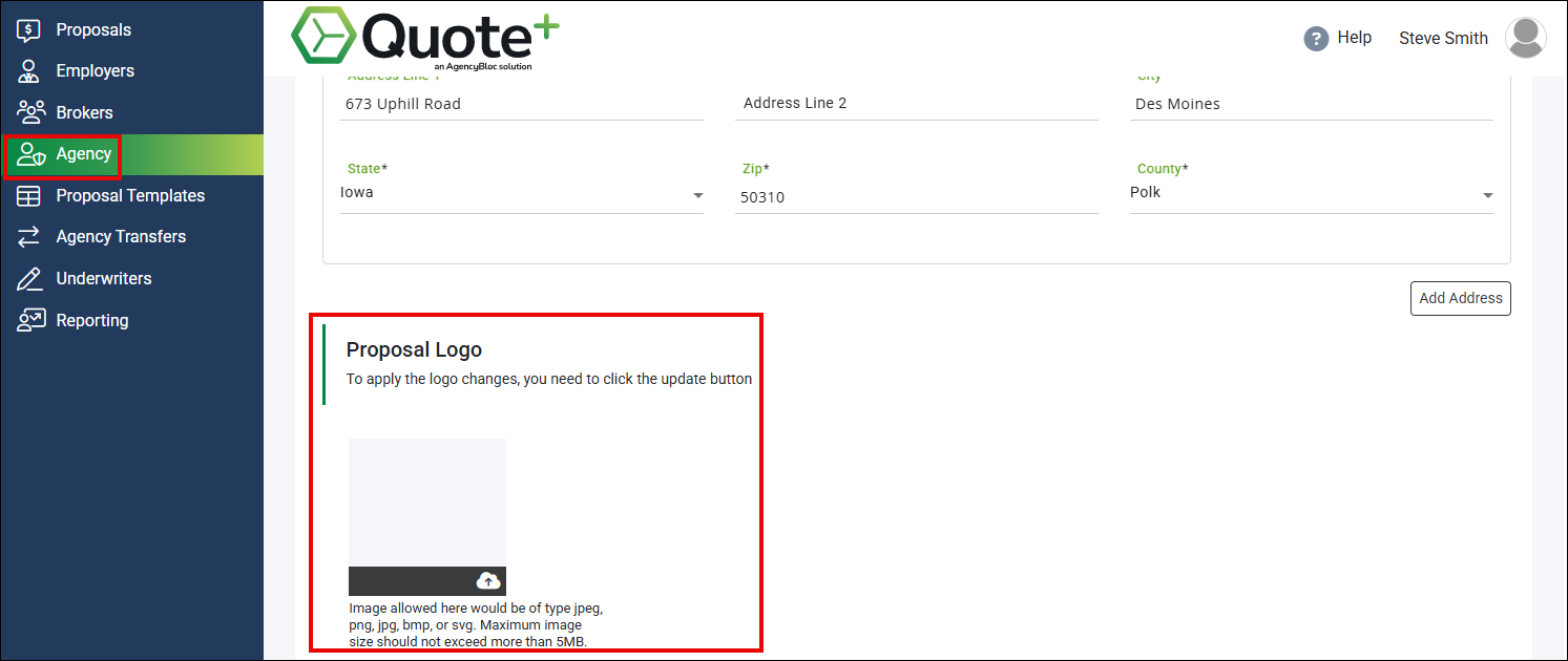 Screenshot showing how to upload your Agency's logo to Quote+ for Proposals