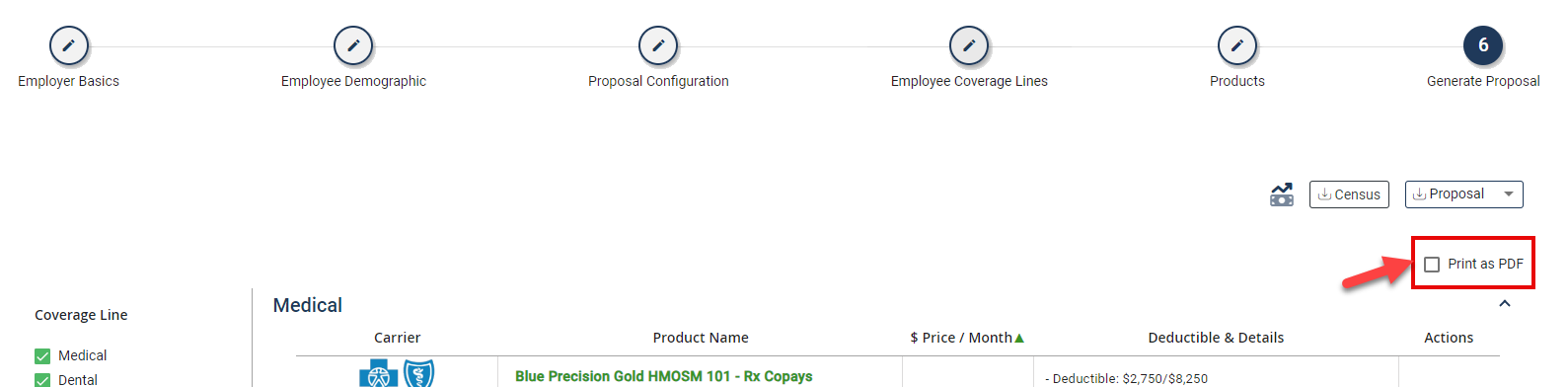 Screenshot highlighting the Print as PDF option in Step 6 ofthe Proposal process
